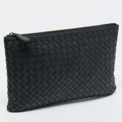 Pre Owned Bottega Veneta Black Intrecciato Leather Zip Flat Clutch