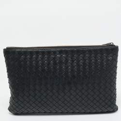 Pre Owned Bottega Veneta Black Intrecciato Leather Zip Flat Clutch