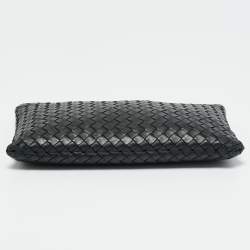 Pre Owned Bottega Veneta Black Intrecciato Leather Zip Flat Clutch