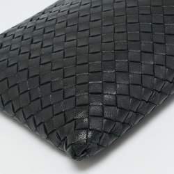 Pre Owned Bottega Veneta Black Intrecciato Leather Zip Flat Clutch