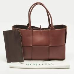 Pre Owned Bottega Veneta Dark Brown Intreccio Leather Medium Arco Tote