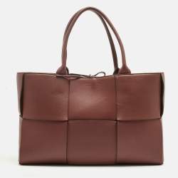 Pre Owned Bottega Veneta Dark Brown Intreccio Leather Medium Arco Tote