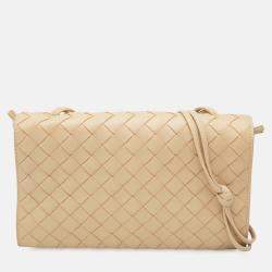 Pre Owned Bottega Veneta Beige Brown Nappa Intrecciato Trio Pouch On Strap