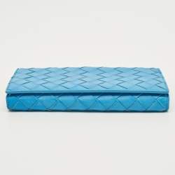 مملوكة مسبقًا Bottega Veneta Light Blue Intrecciato Leather French Flap Wallet
