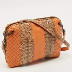 مملوكة مسبقًا Bottega Veneta Nodini Orange/Brown Intrecciato Leather and Snakeskin Crossbody Bag