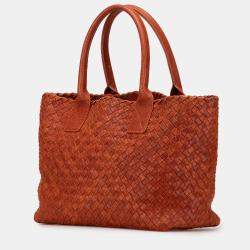 Pre Owned Bottega Veneta Brown Small Lambskin Intreccio Cabat Tote