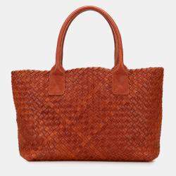 Pre Owned Bottega Veneta Brown Small Lambskin Intreccio Cabat Tote