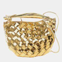 Pre Owned Bottega Veneta Gold Baby Metallic Lambskin Intrecciato Sardine