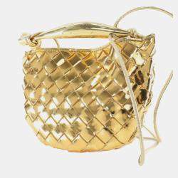 Pre Owned Bottega Veneta Gold Baby Metallic Lambskin Intrecciato Sardine