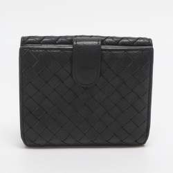 Pre Owned Bottega Veneta Black Intrecciato Leather French Wallet