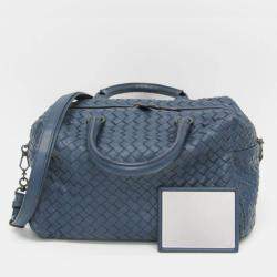 مملوكة مسبقًا Bottega Veneta Intrecciato Small Boston Bag Leather Shoulder Bag Blue