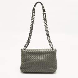 Pre Owned Bottega Veneta Olimpia Small Grey Intrecciato Leather Shoulder Bag