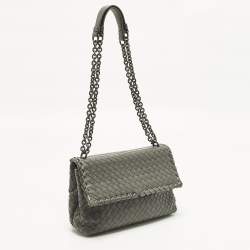 Pre Owned Bottega Veneta Olimpia Small Grey Intrecciato Leather Shoulder Bag
