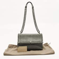 Pre Owned Bottega Veneta Olimpia Small Grey Intrecciato Leather Shoulder Bag