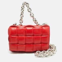 Pre Owned Bottega Veneta Cassette Chain Red Padded Leather Top Handle Bag