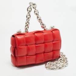Pre Owned Bottega Veneta Cassette Chain Red Padded Leather Top Handle Bag