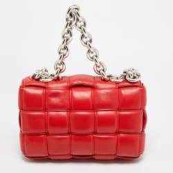 Pre Owned Bottega Veneta Cassette Chain Red Padded Leather Top Handle Bag