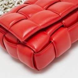 Pre Owned Bottega Veneta Cassette Chain Red Padded Leather Top Handle Bag