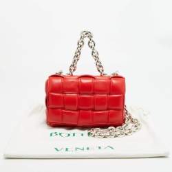 Pre Owned Bottega Veneta Cassette Chain Red Padded Leather Top Handle Bag