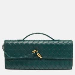 Pre Owned Bottega Veneta Andiamo Medium Green Intrecciato Leather Clutch