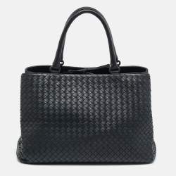 Pre Owned Bottega Veneta Double Compartment Dark Grey Intrecciato Leather Tote