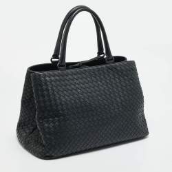 Pre Owned Bottega Veneta Double Compartment Dark Grey Intrecciato Leather Tote