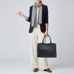 Pre Owned Bottega Veneta Double Compartment Dark Grey Intrecciato Leather Tote
