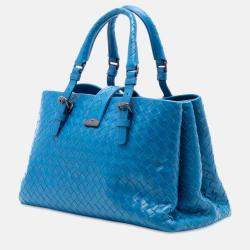 Pre Owned Bottega Veneta Blue Small Nappa Intrecciato Roma Satchel