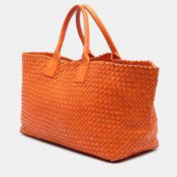 Pre Owned Bottega Veneta Orange Large Lambskin Intreccio Cabat Tote