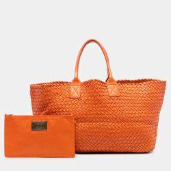 Pre Owned Bottega Veneta Orange Large Lambskin Intreccio Cabat Tote