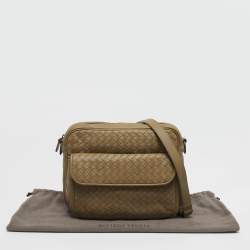 Pre Owned Bottega Veneta Front Flap Olive Intrecciato Leather Shoulder Bag