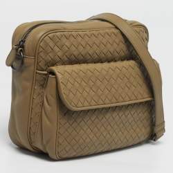 Pre Owned Bottega Veneta Front Flap Olive Intrecciato Leather Shoulder Bag