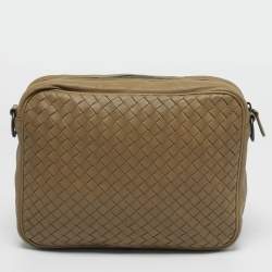 Pre Owned Bottega Veneta Front Flap Olive Intrecciato Leather Shoulder Bag