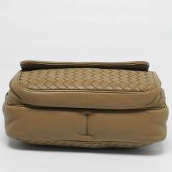 Pre Owned Bottega Veneta Front Flap Olive Intrecciato Leather Shoulder Bag