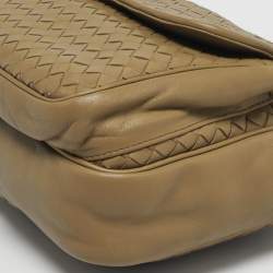 Pre Owned Bottega Veneta Front Flap Olive Intrecciato Leather Shoulder Bag