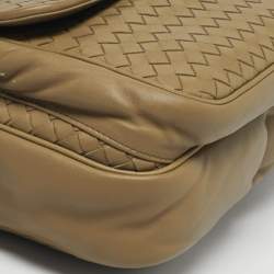Pre Owned Bottega Veneta Front Flap Olive Intrecciato Leather Shoulder Bag