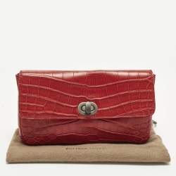 Pre Owned Bottega Veneta Red Croc Embossed Leather Lock Flap Clutch