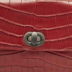 Pre Owned Bottega Veneta Red Croc Embossed Leather Lock Flap Clutch