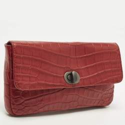 Pre Owned Bottega Veneta Red Croc Embossed Leather Lock Flap Clutch