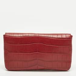 Pre Owned Bottega Veneta Red Croc Embossed Leather Lock Flap Clutch