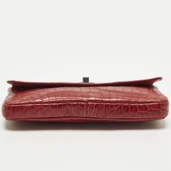 Pre Owned Bottega Veneta Red Croc Embossed Leather Lock Flap Clutch
