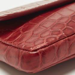 Pre Owned Bottega Veneta Red Croc Embossed Leather Lock Flap Clutch