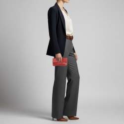 Pre Owned Bottega Veneta Red Croc Embossed Leather Lock Flap Clutch