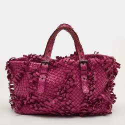 Pre Owned Bottega Veneta Fringe Pink Intrecciato Leather Cabat Tote