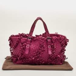 Pre Owned Bottega Veneta Fringe Pink Intrecciato Leather Cabat Tote