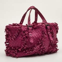 Pre Owned Bottega Veneta Fringe Pink Intrecciato Leather Cabat Tote