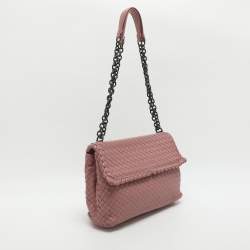 Pre Owned Bottega Veneta Olimpia Medium Pink Intrecciato Leather Shoulder Bag