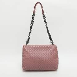 Pre Owned Bottega Veneta Olimpia Medium Pink Intrecciato Leather Shoulder Bag