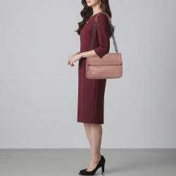 Pre Owned Bottega Veneta Olimpia Medium Pink Intrecciato Leather Shoulder Bag