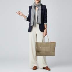 Pre Owned Bottega Veneta Acro Large Beige Intreccio Leather Tote